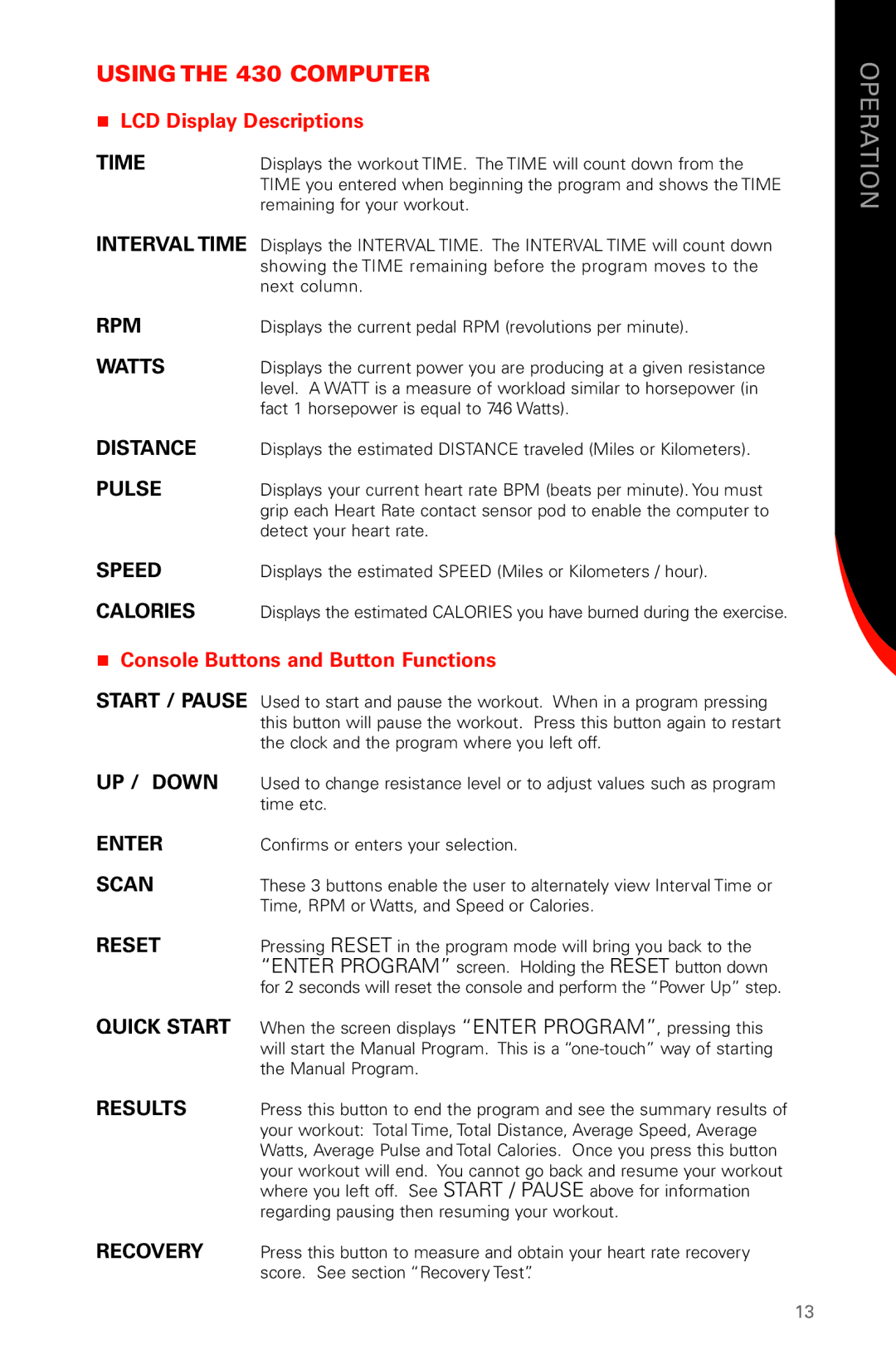 Schwinn manual Using the 430 Computer,  LCD Display Descriptions,  Console Buttons and Button Functions 