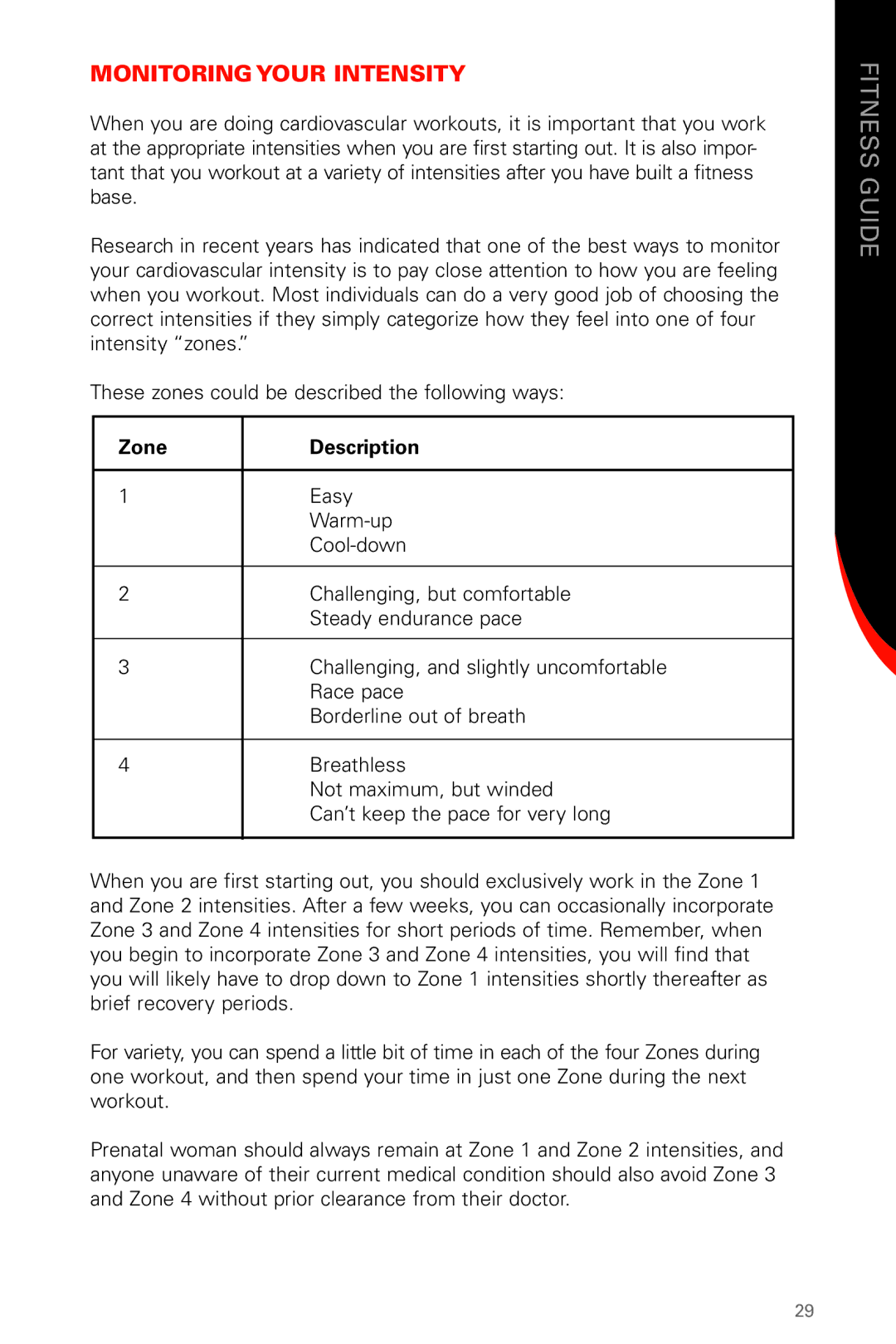 Schwinn 430 manual Monitoring Your Intensity, Zone Description 