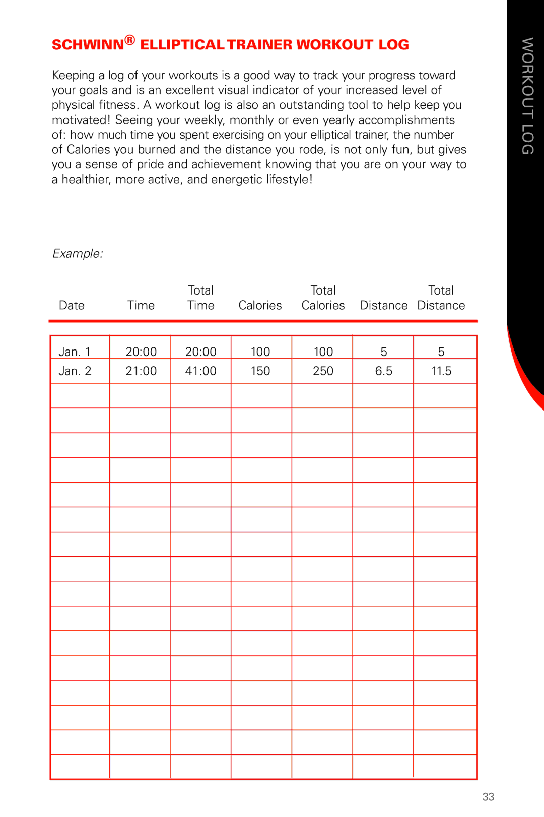 Schwinn 430 manual Schwinn Elliptical Trainer Workout LOG 