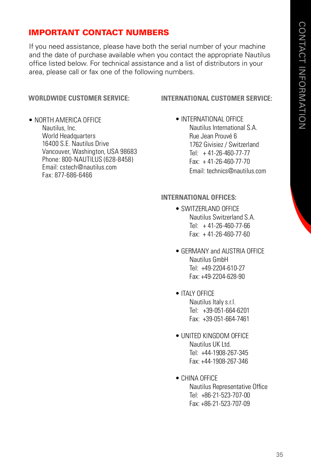 Schwinn 430 manual Information, Important Contact Numbers, Worldwide Customer Service, International Customer Service 