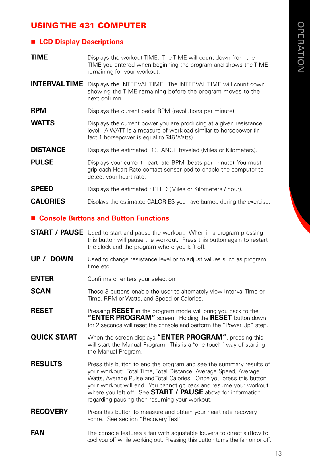 Schwinn manual Using the 431 Computer, LCD Display Descriptions, Console Buttons and Button Functions 