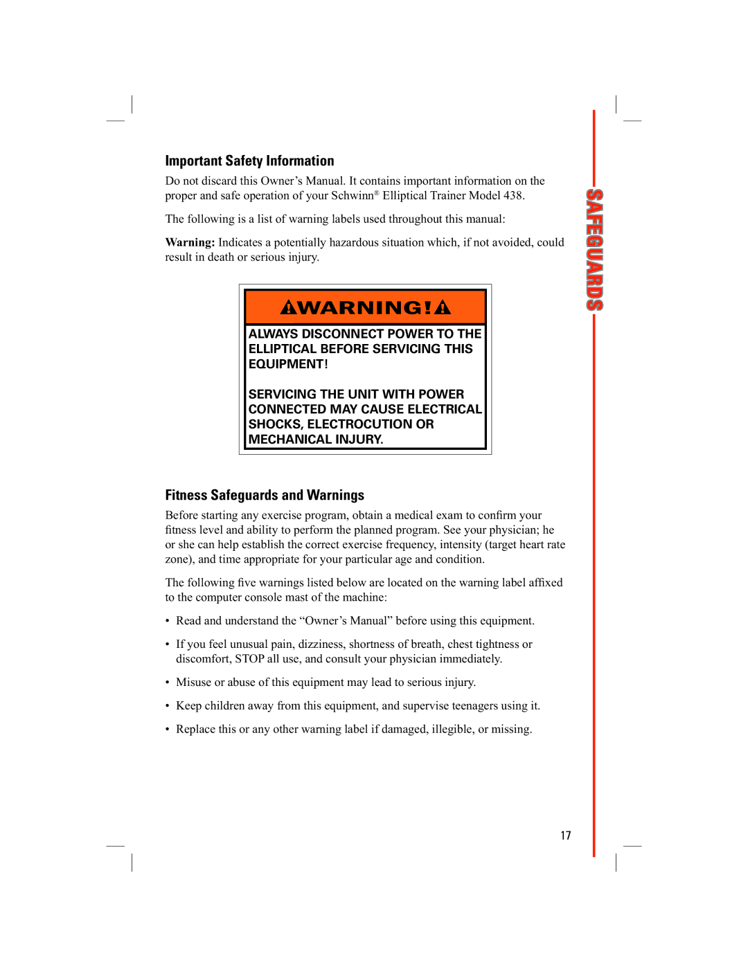 Schwinn 438 manual Important Safety Information, Fitness Safeguards and Warnings 