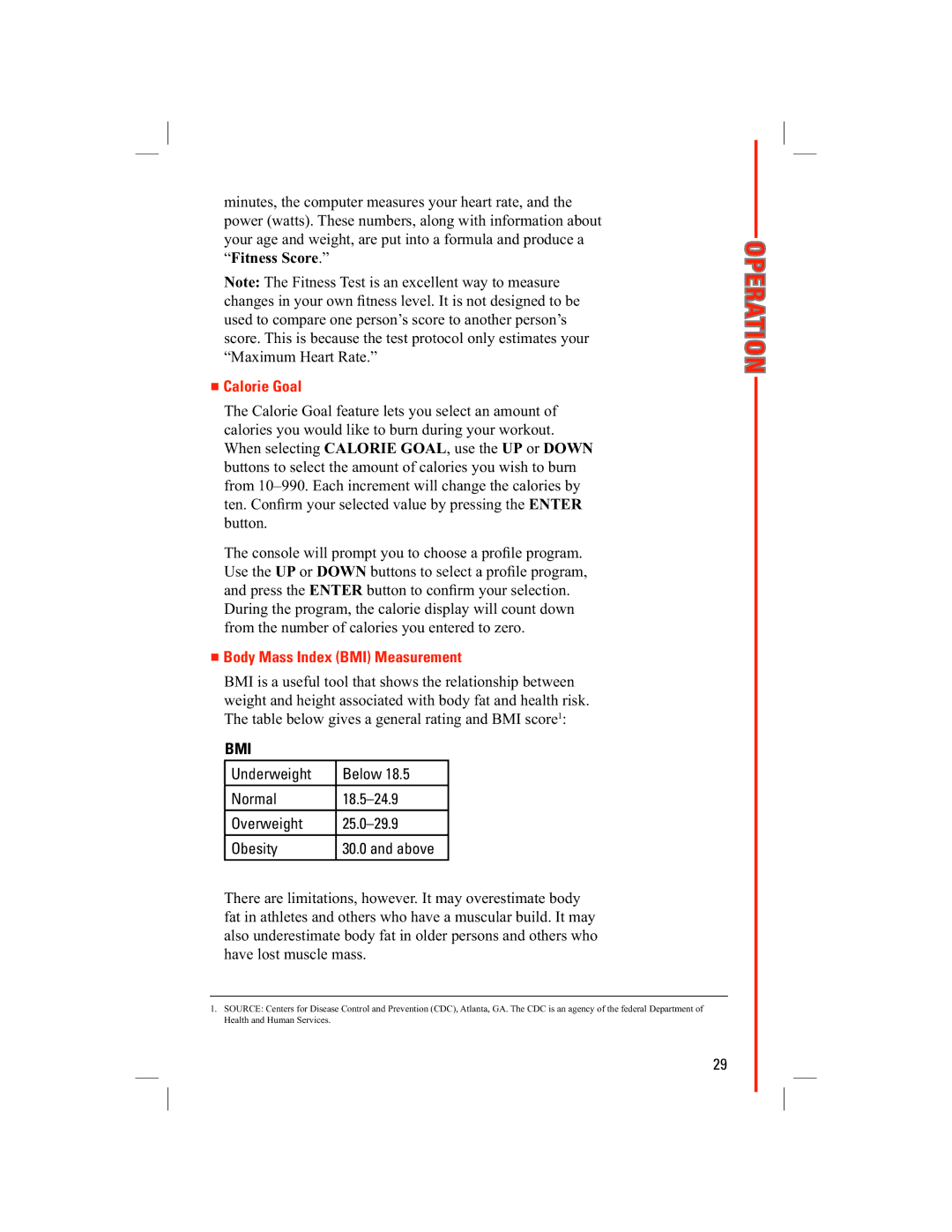 Schwinn 438 manual Calorie Goal, Body Mass Index BMI Measurement 