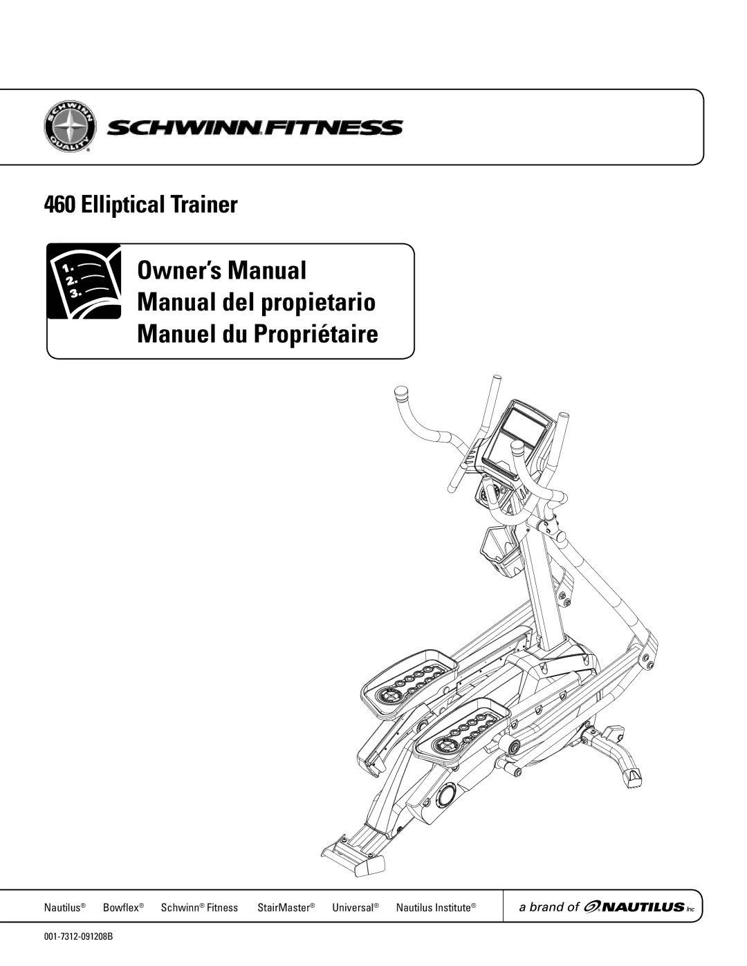 Schwinn 460 manual Manual del propietario Manuel du Propriétaire, Elliptical Trainer 