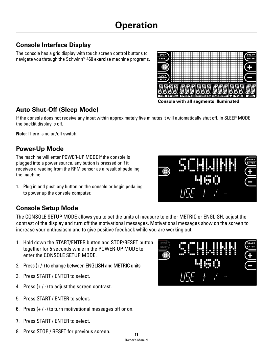 Schwinn 460 manual Console Interface Display, Auto Shut-Off Sleep Mode, Power-Up Mode, Console Setup Mode 