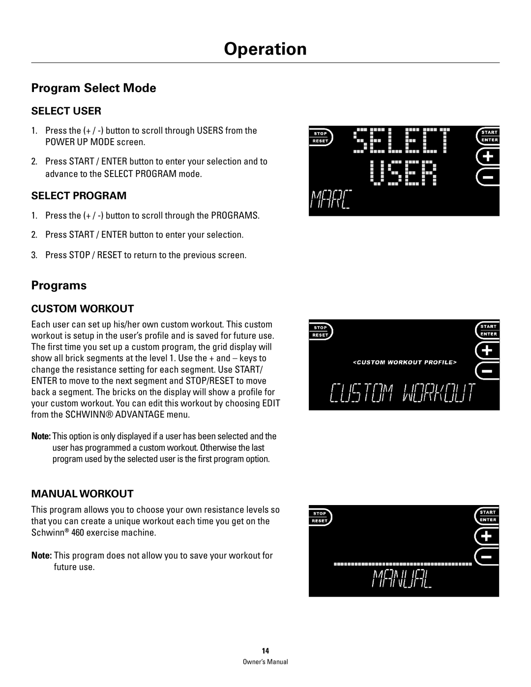 Schwinn 460 manual Program Select Mode, Programs 
