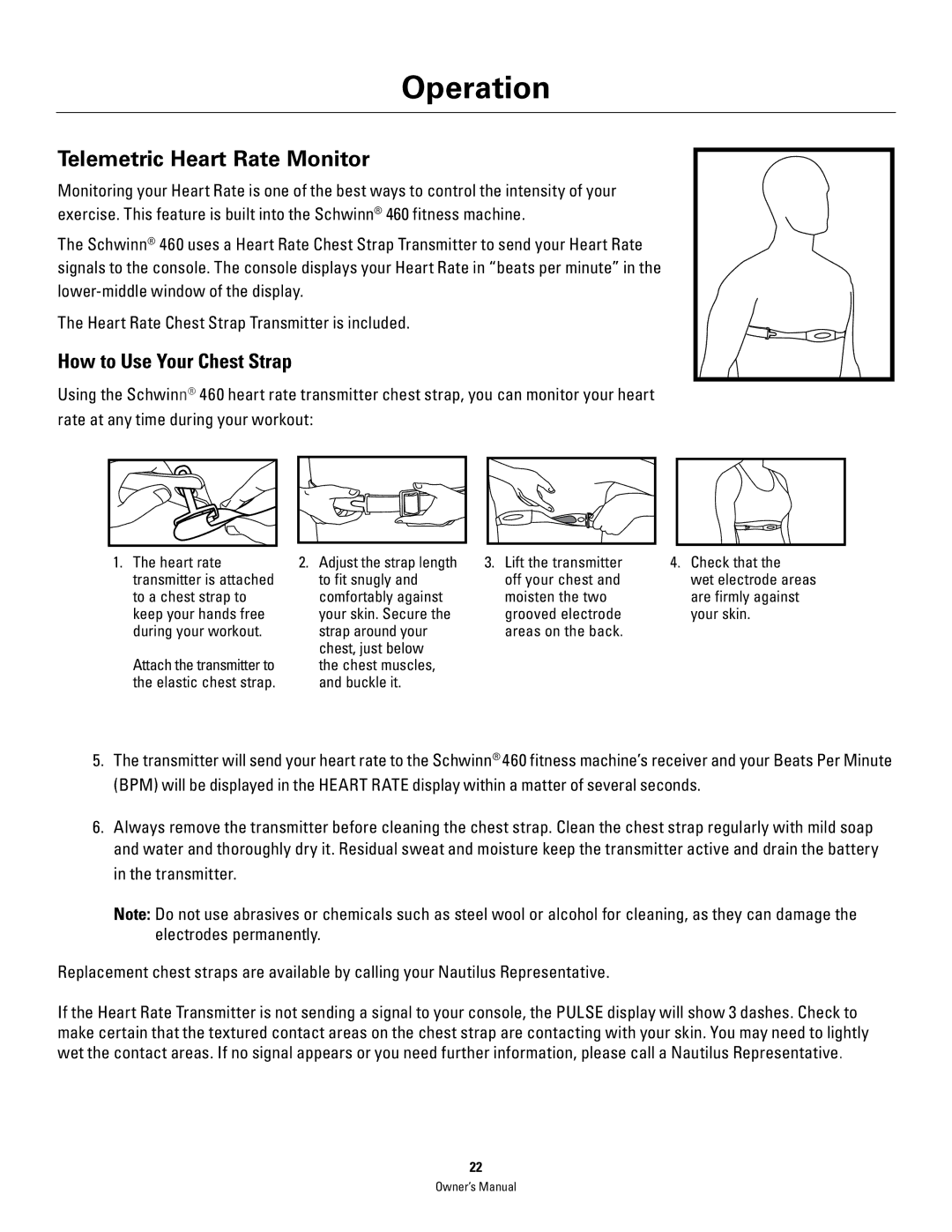 Schwinn 460 manual Telemetric Heart Rate Monitor, How to Use Your Chest Strap 