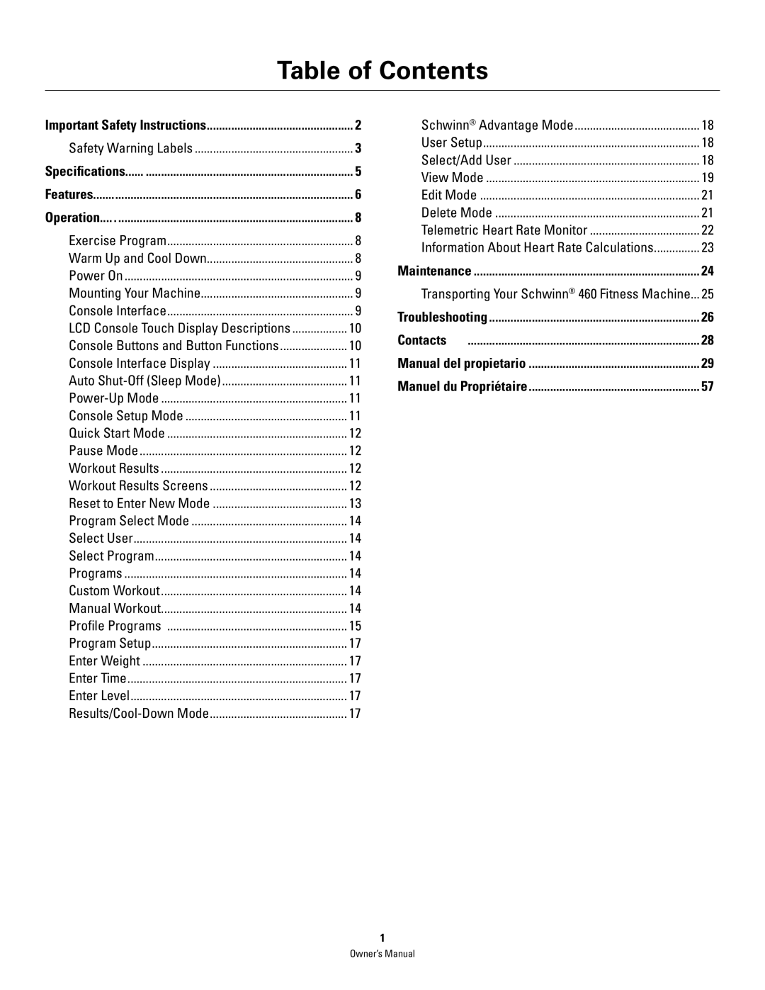 Schwinn 460 manual Table of Contents 