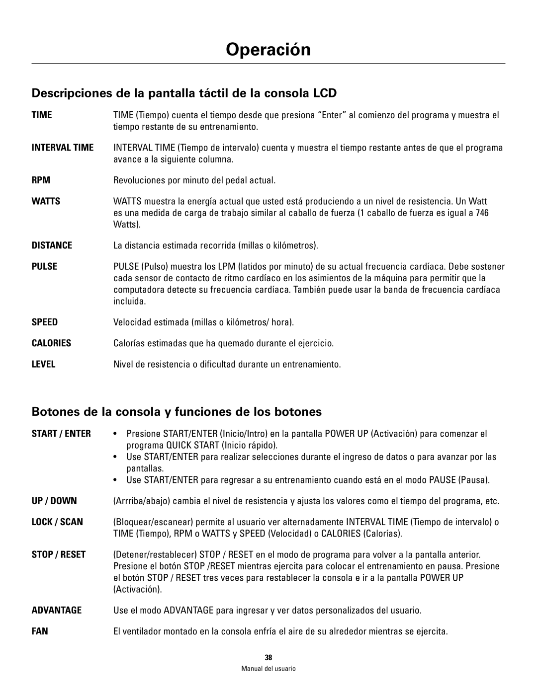 Schwinn 460 manual Descripciones de la pantalla táctil de la consola LCD, Botones de la consola y funciones de los botones 