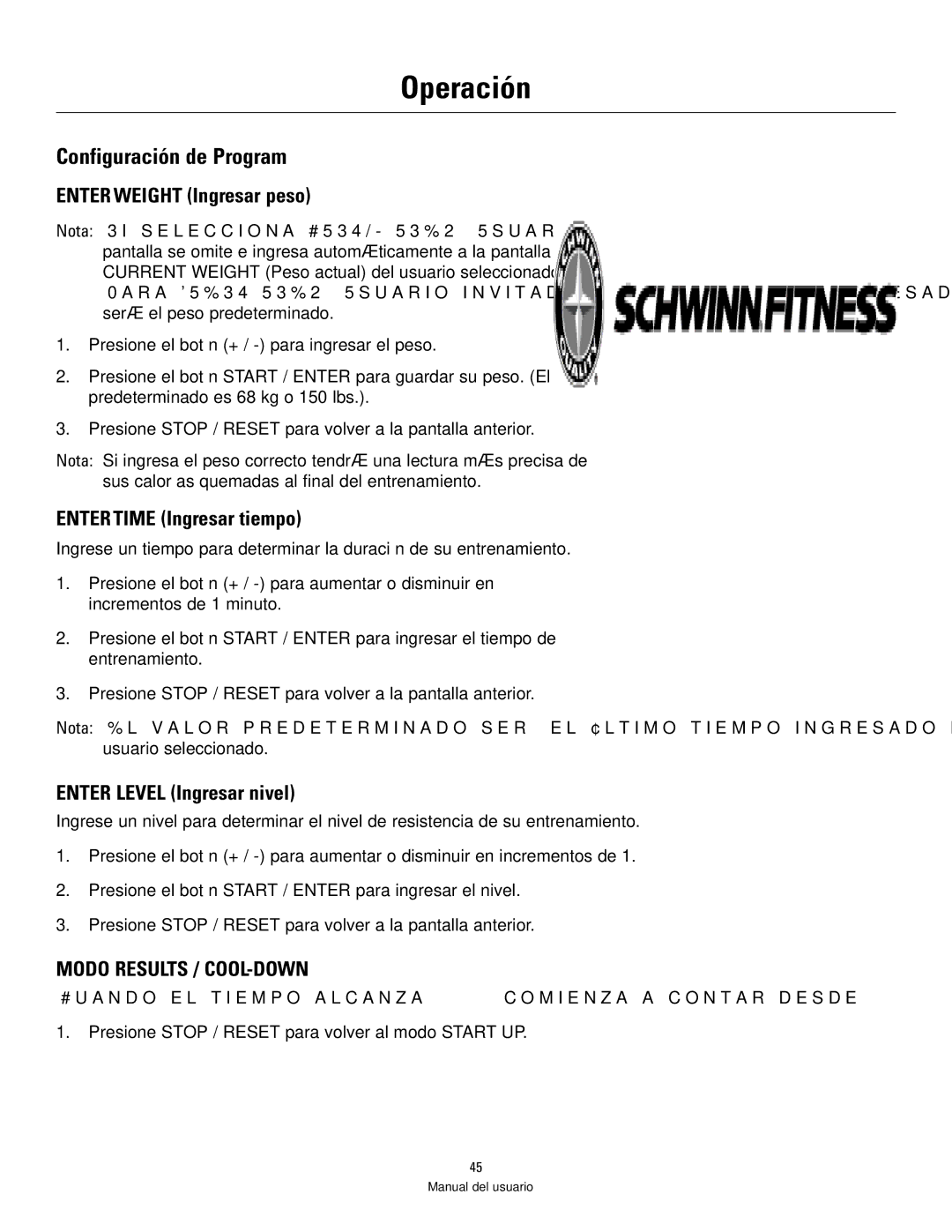 Schwinn 460 manual Configuración de Program, Enter Weight Ingresar peso 