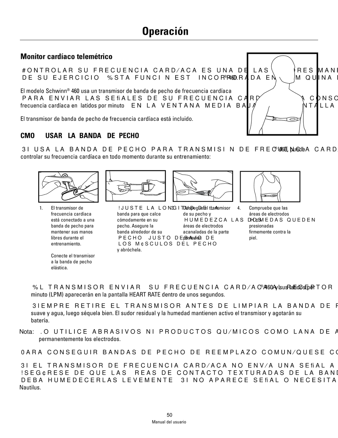 Schwinn 460 manual Monitor cardíaco telemétrico, Cómo usar la banda de pecho 
