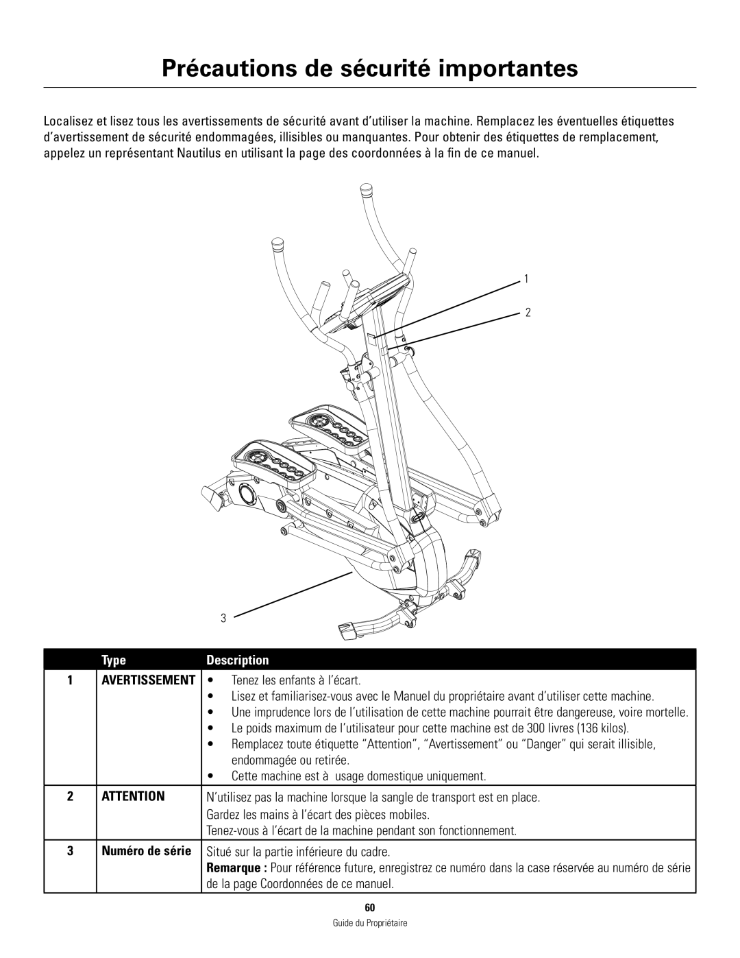 Schwinn 460 manual Avertissement 