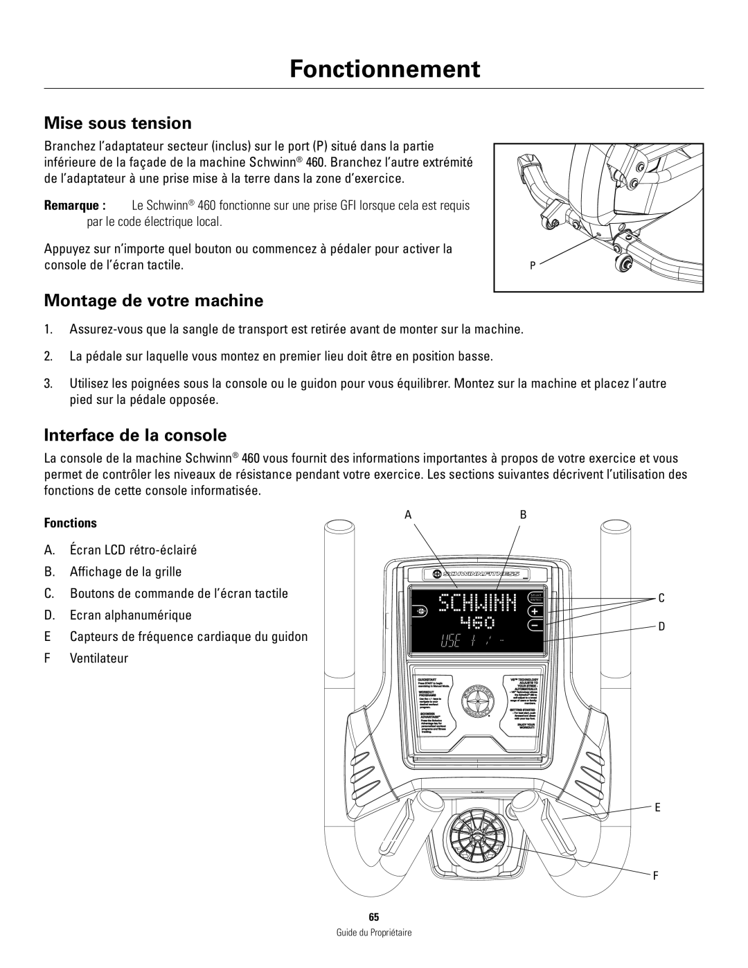 Schwinn 460 manual Mise sous tension, Montage de votre machine, Interface de la console 