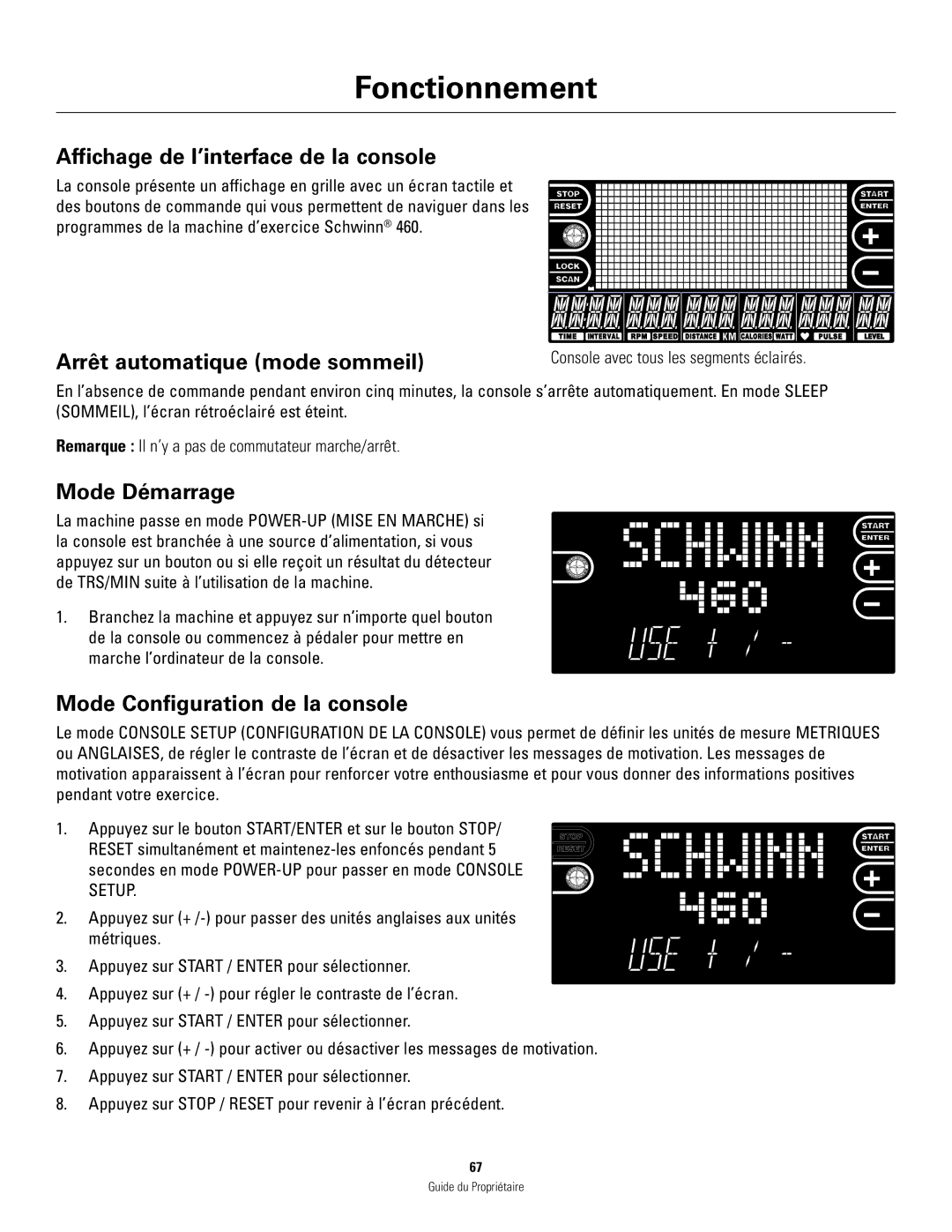 Schwinn 460 manual Affichage de l’interface de la console, Arrêt automatique mode sommeil, Mode Démarrage 