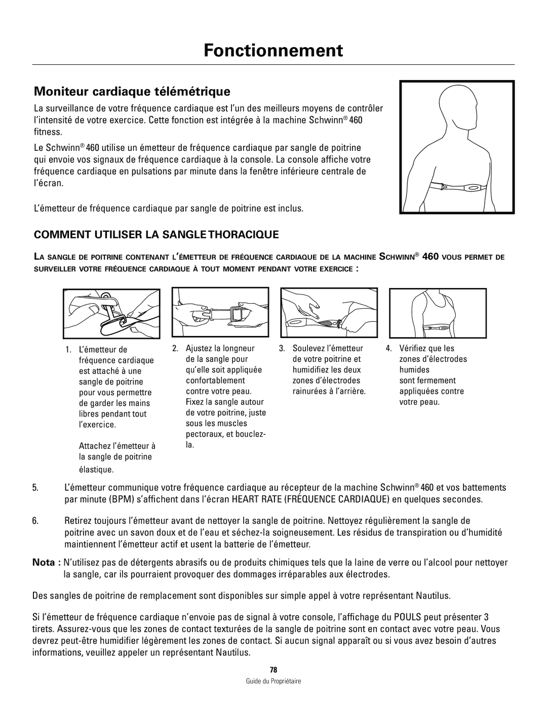 Schwinn 460 manual Moniteur cardiaque télémétrique, Comment utiliser la sangle thoracique 