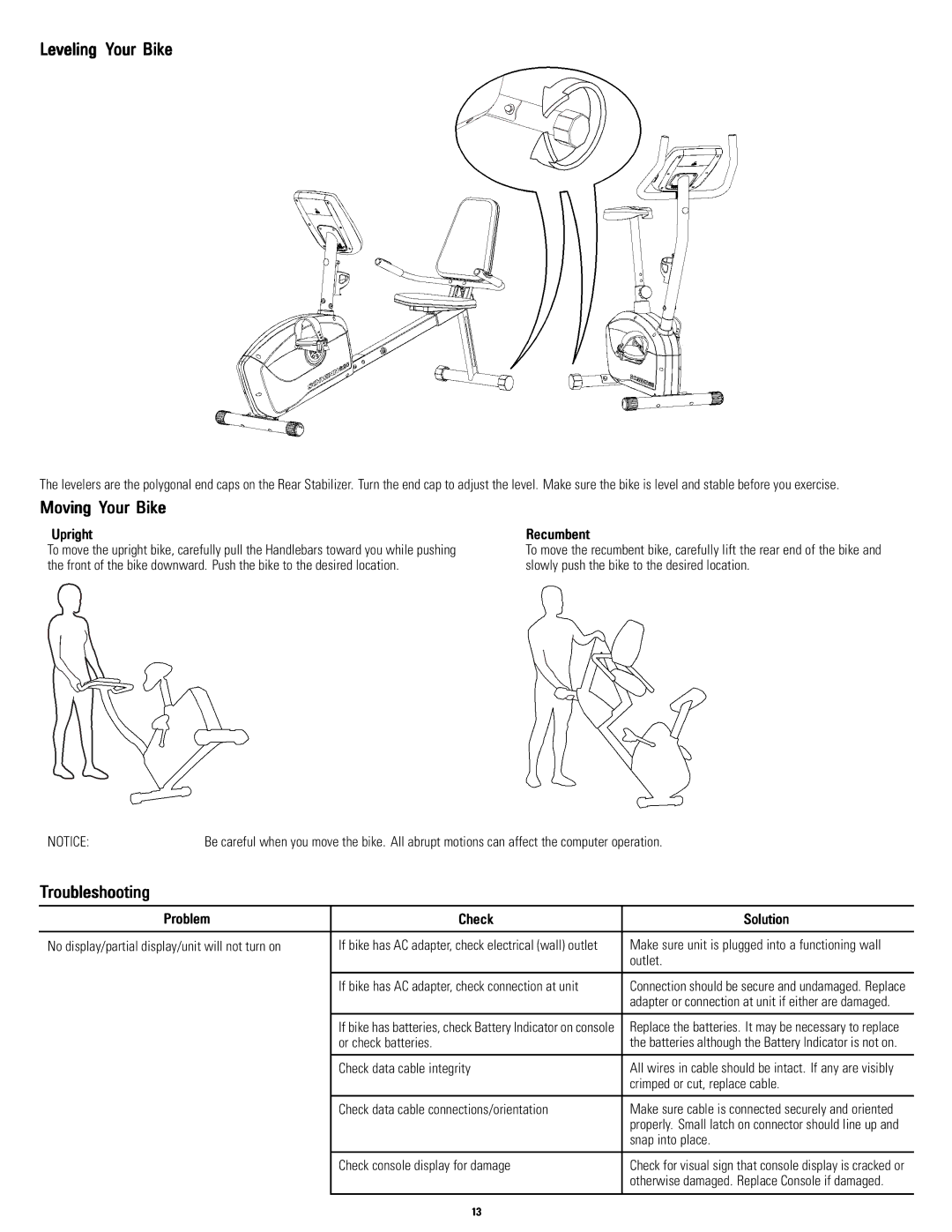 Schwinn A10, A20 manual Leveling Your Bike, Moving Your Bike, Troubleshooting, Problem Check Solution 