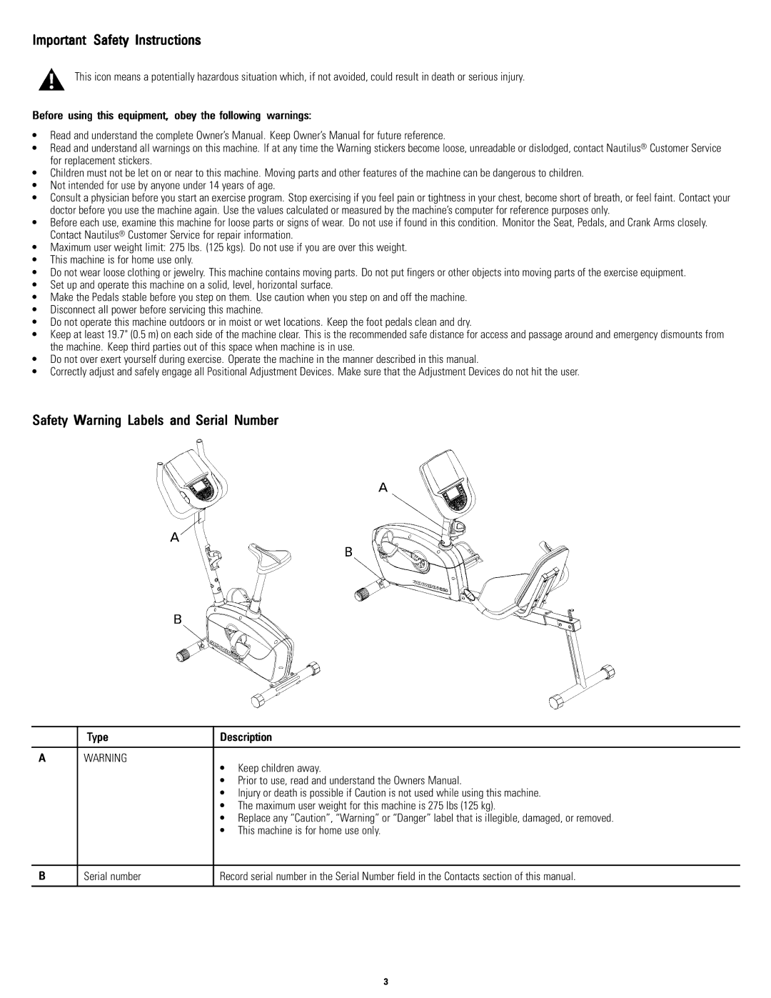 Schwinn A10, A20 manual Important Safety Instructions, Safety Warning Labels and Serial Number 