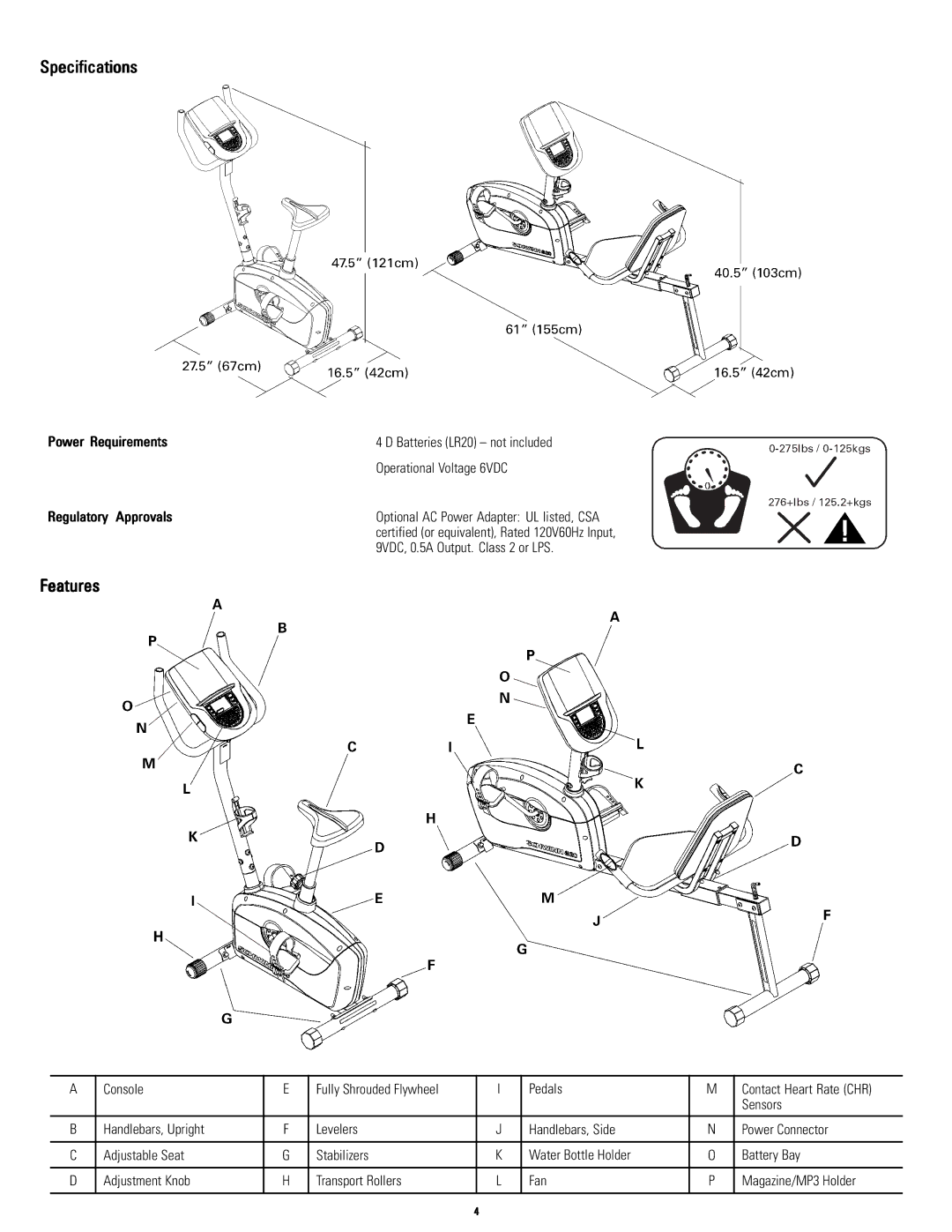 Schwinn A20, A10 manual Specifications, Features, Power Requirements, Regulatory Approvals 