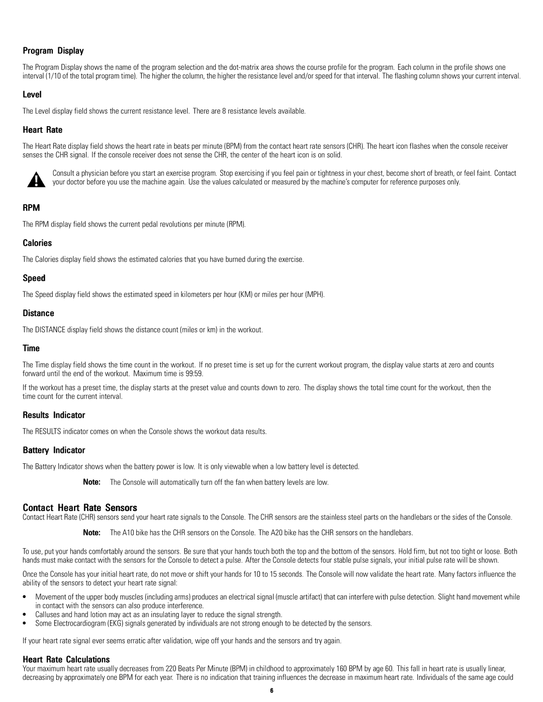 Schwinn A20, A10 manual Contact Heart Rate Sensors, Program Display 