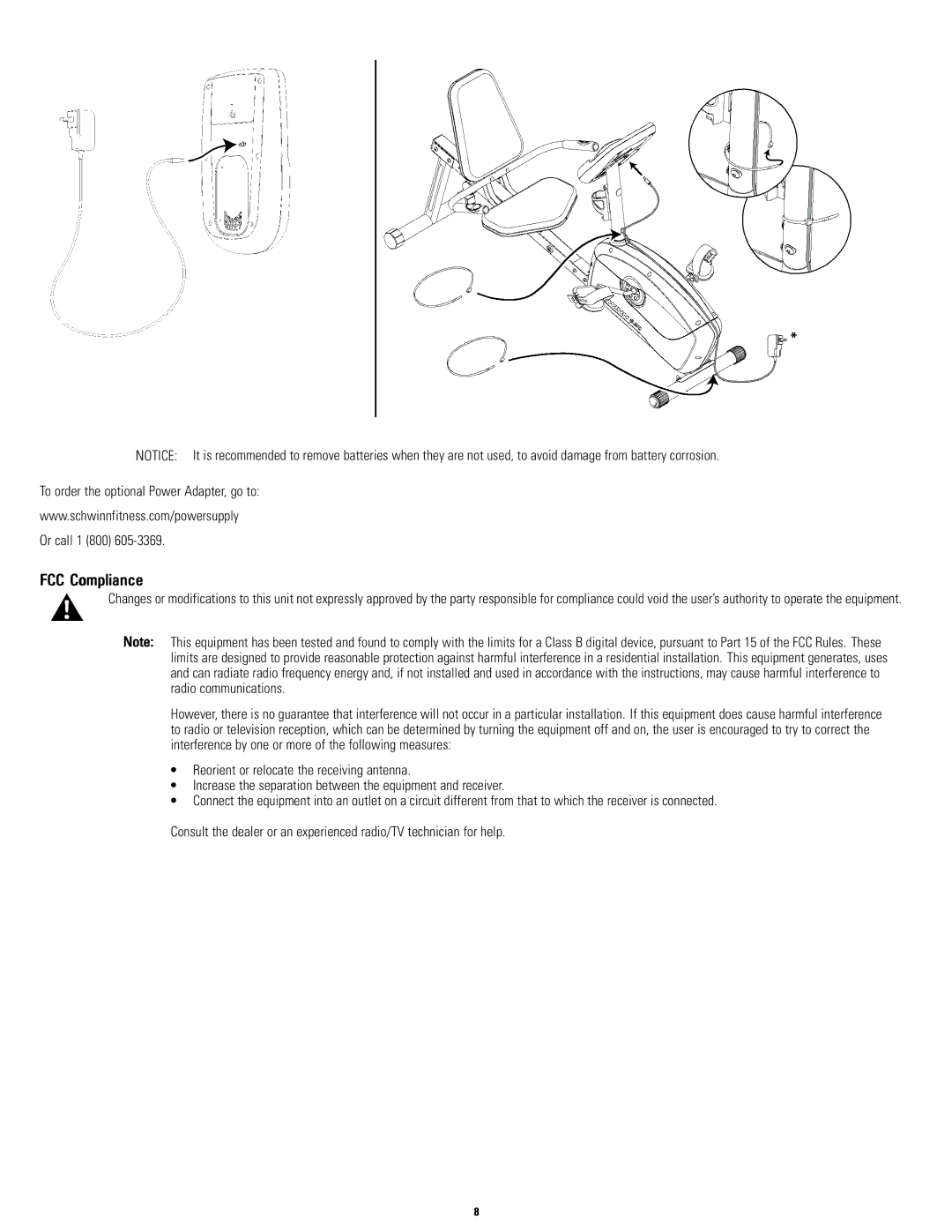 Schwinn A20, A10 manual FCC Compliance, To order the optional Power Adapter, go to Or call 1 800 