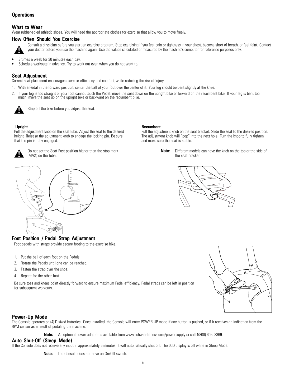 Schwinn A10, A20 manual Operations What to Wear, How Often Should You Exercise, Seat Adjustment, Power-Up Mode 