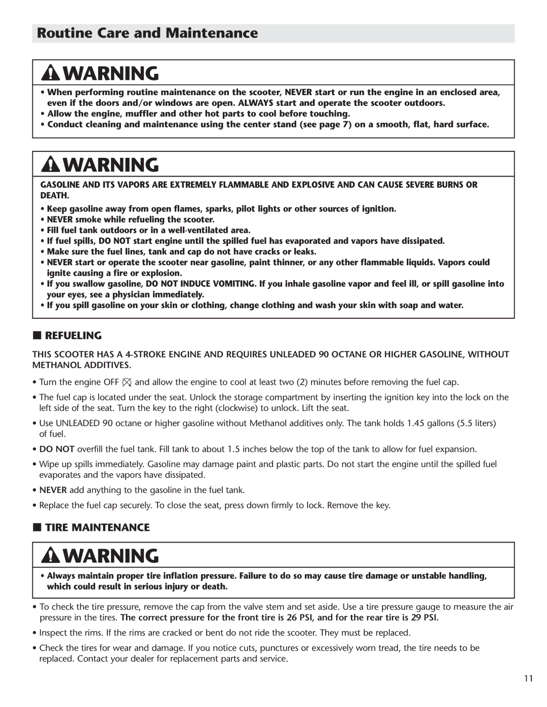 Schwinn Motor Scooters 50CA06PK manual Routine Care and Maintenance, Refueling, Tire Maintenance 