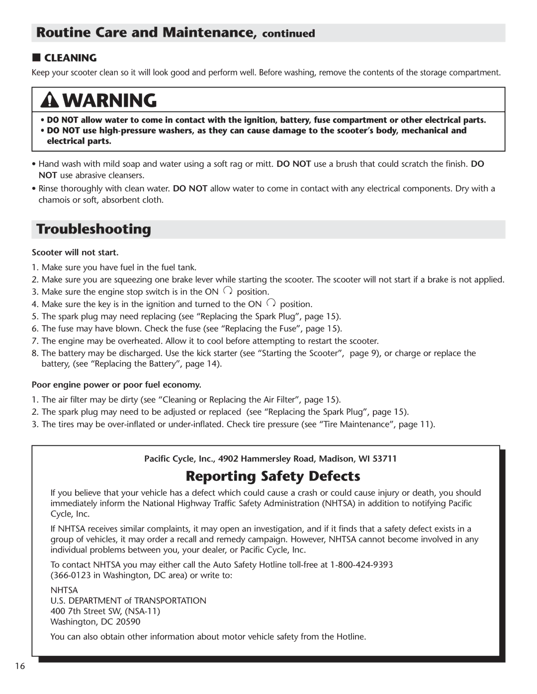 Schwinn Motor Scooters 50CA06PK manual Troubleshooting, Reporting Safety Defects, Cleaning 