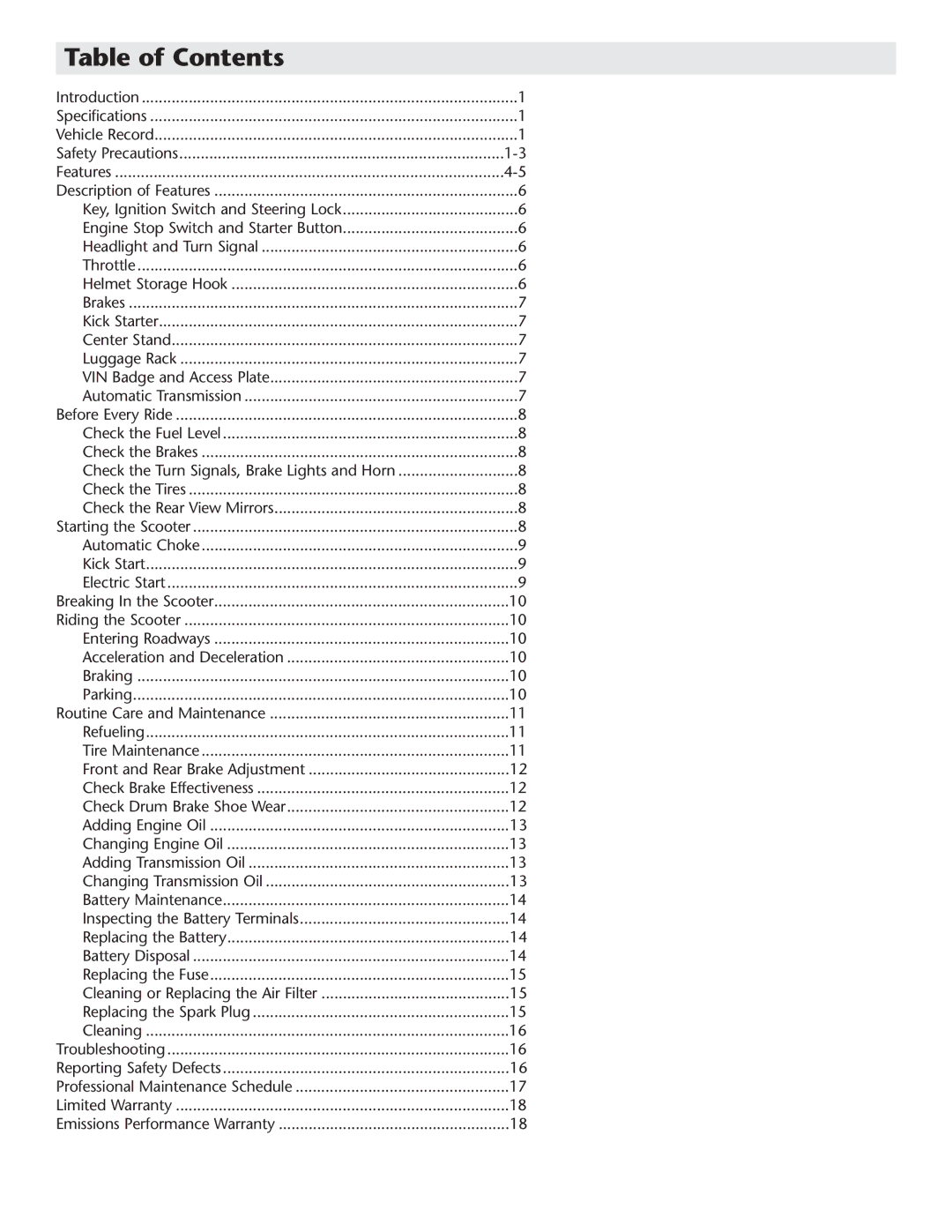 Schwinn Motor Scooters 50CA06PK manual Table of Contents 