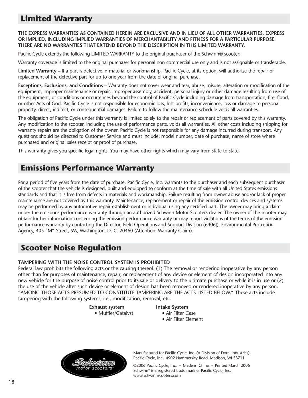 Schwinn Motor Scooters 50CA06PK manual Limited Warranty, Emissions Performance Warranty, Scooter Noise Regulation 