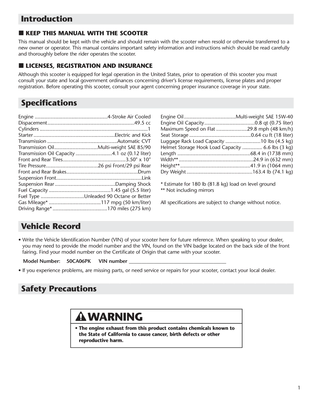 Schwinn Motor Scooters 50CA06PK manual Introduction, Specifications, Vehicle Record, Safety Precautions 