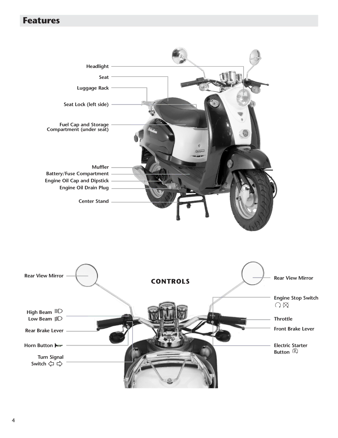 Schwinn Motor Scooters 50CA06PK manual Features, Controls 