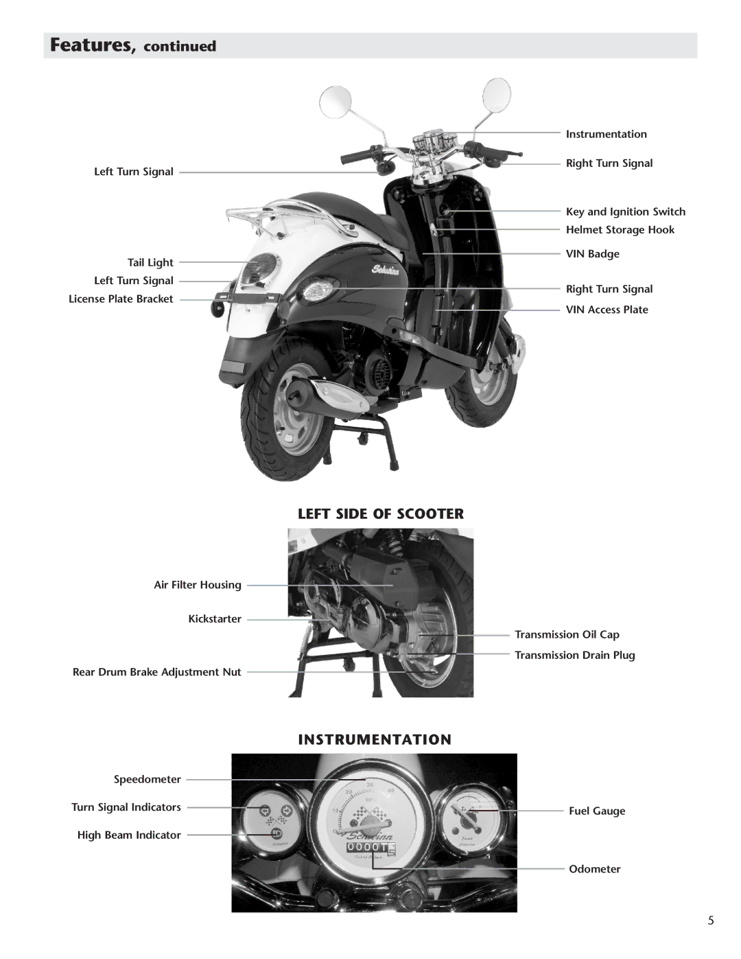 Schwinn Motor Scooters 50CA06PK manual Left Side of Scooter, Instrumentation 