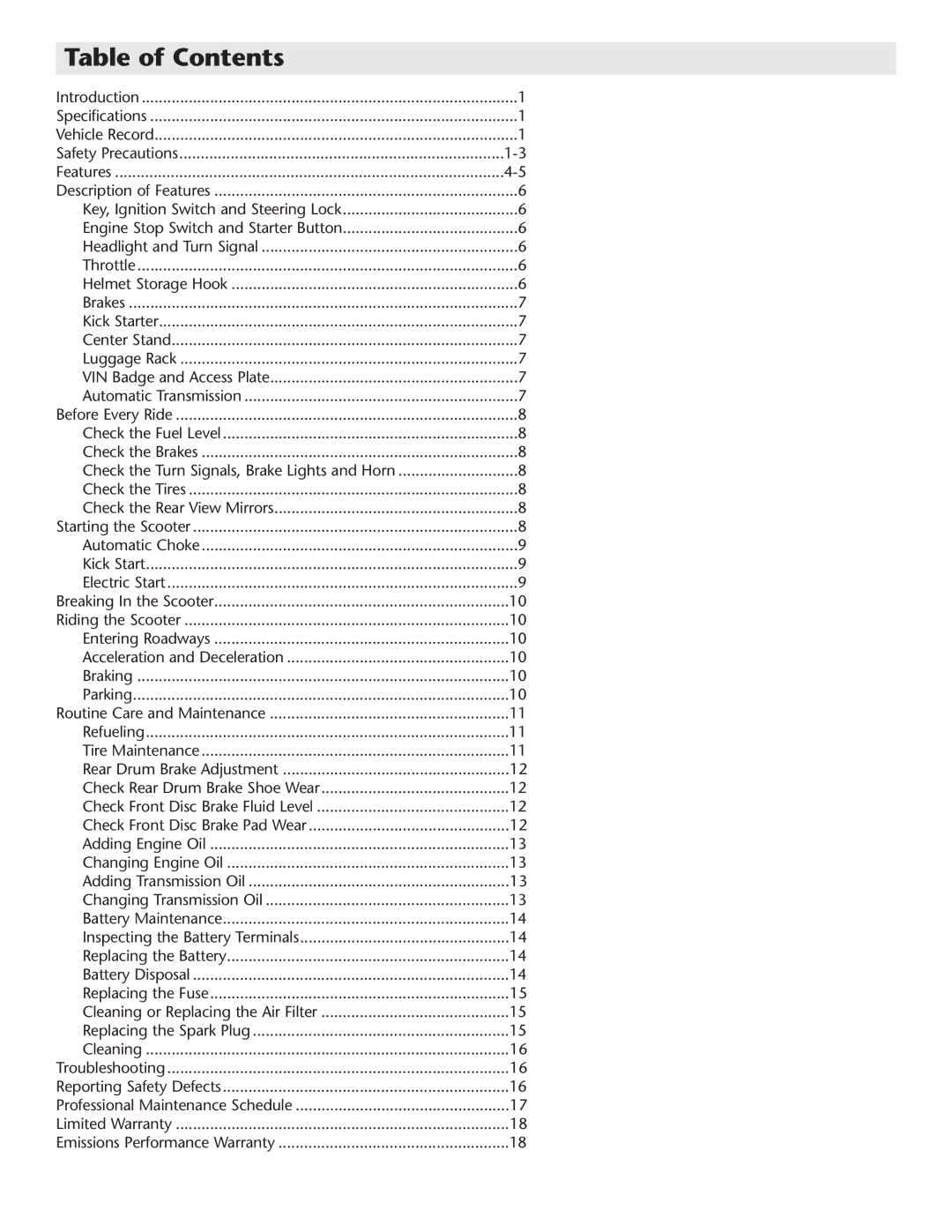 Schwinn Motor Scooters 50GR06BL, 50GR06SV manual Table of Contents 