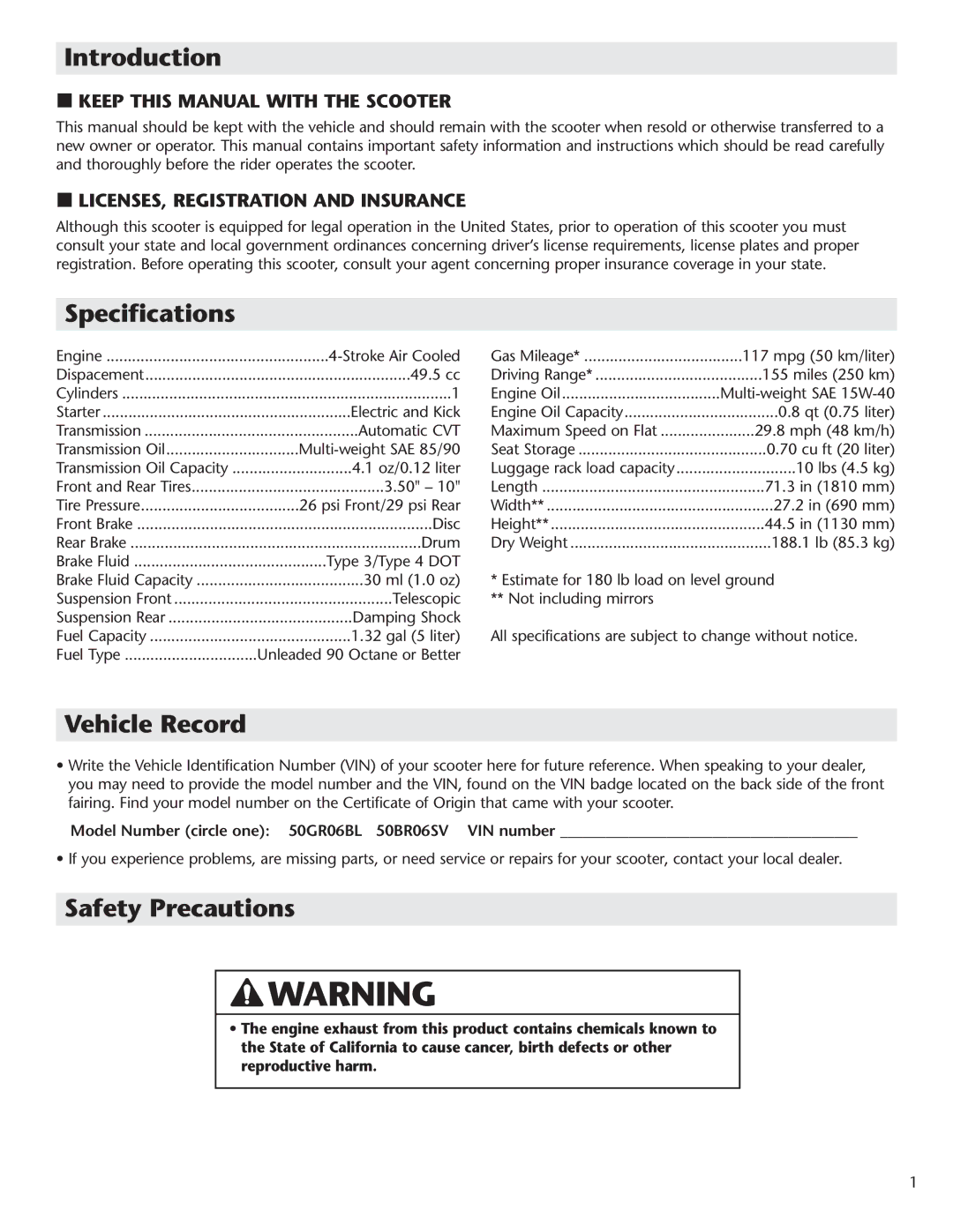 Schwinn Motor Scooters 50GR06SV, 50GR06BL manual Introduction, Specifications, Vehicle Record, Safety Precautions 