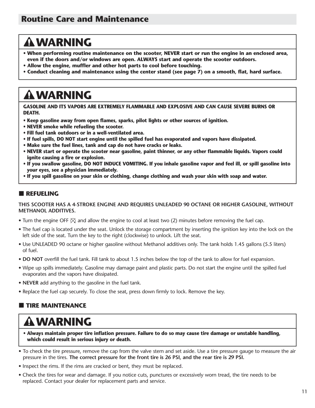 Schwinn Motor Scooters 50SP06BK, 50SP06RD manual Routine Care and Maintenance, Refueling, Tire Maintenance 