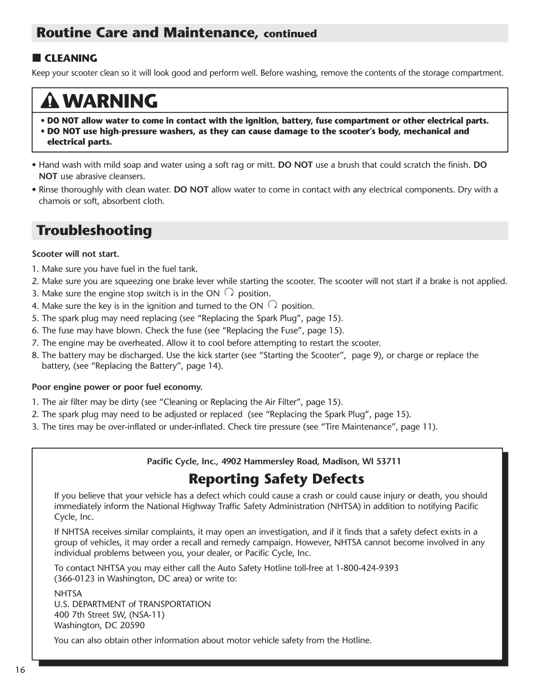 Schwinn Motor Scooters 50SP06RD, 50SP06BK manual Troubleshooting, Reporting Safety Defects, Cleaning 