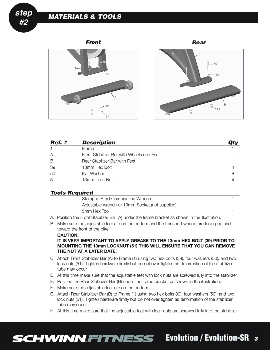 Schwinn NS-754 manual Step #2, Materials & Tools, Front Rear Ref. # Description Qty, Tools Required 