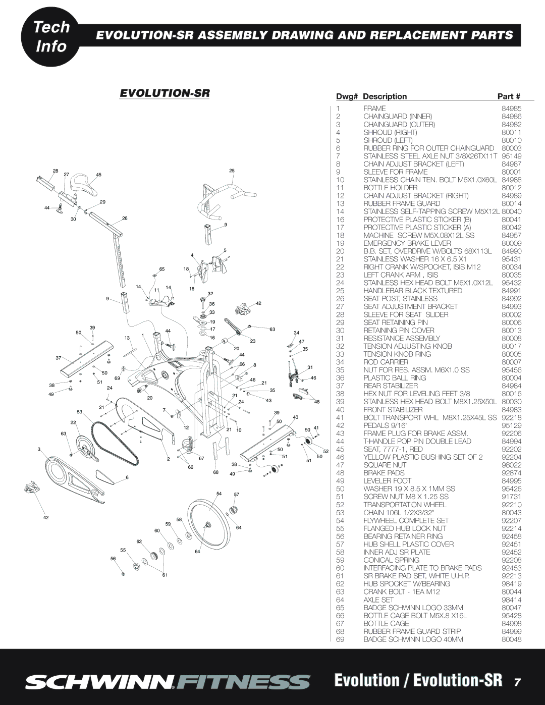 Schwinn NS-754 manual EVOLUTION-SR Assembly Drawing and Replacement Parts, Evolution-Sr 