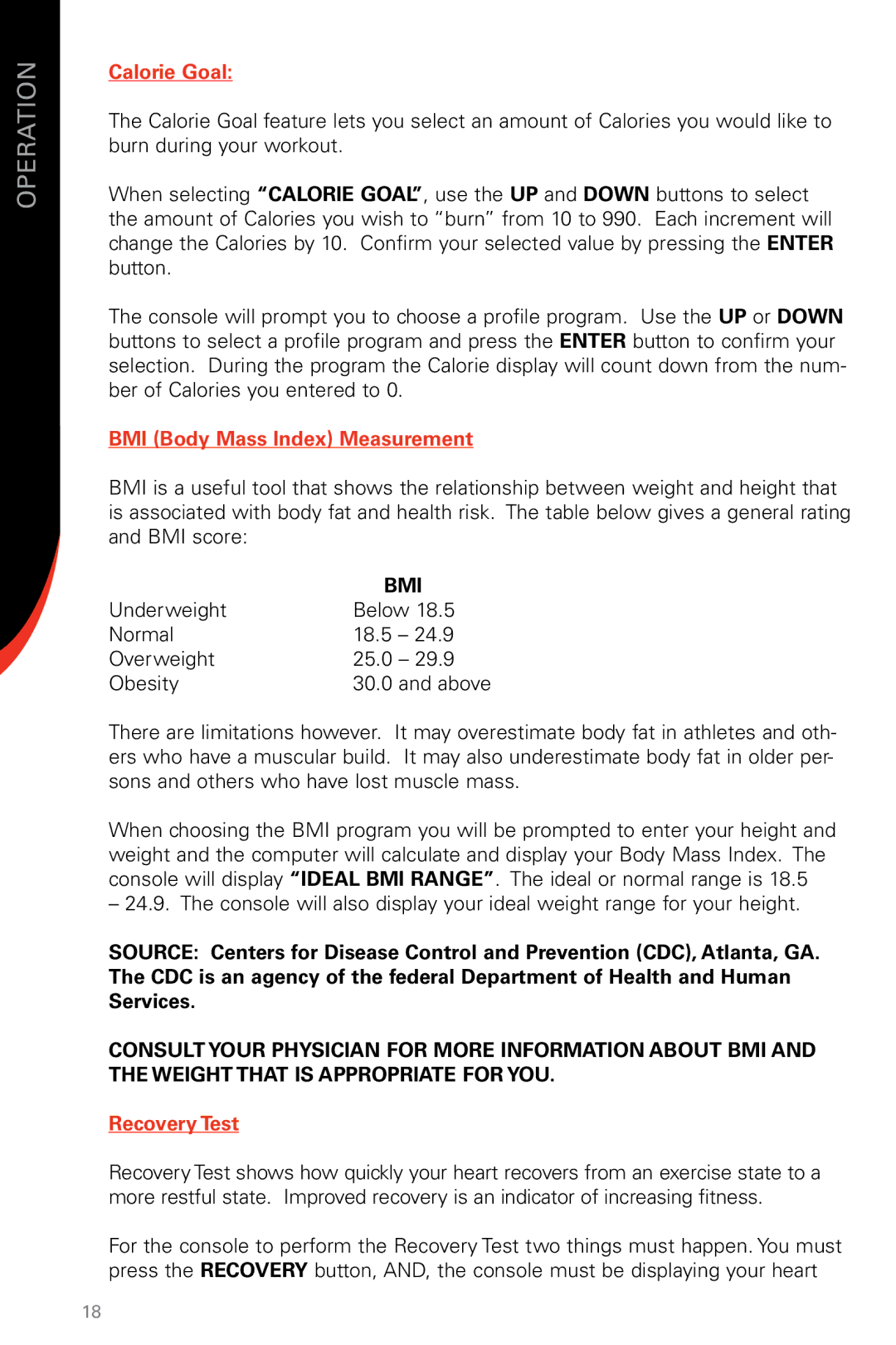 Schwinn SR23, SB13 manual Calorie Goal, BMI Body Mass Index Measurement, Recovery Test 