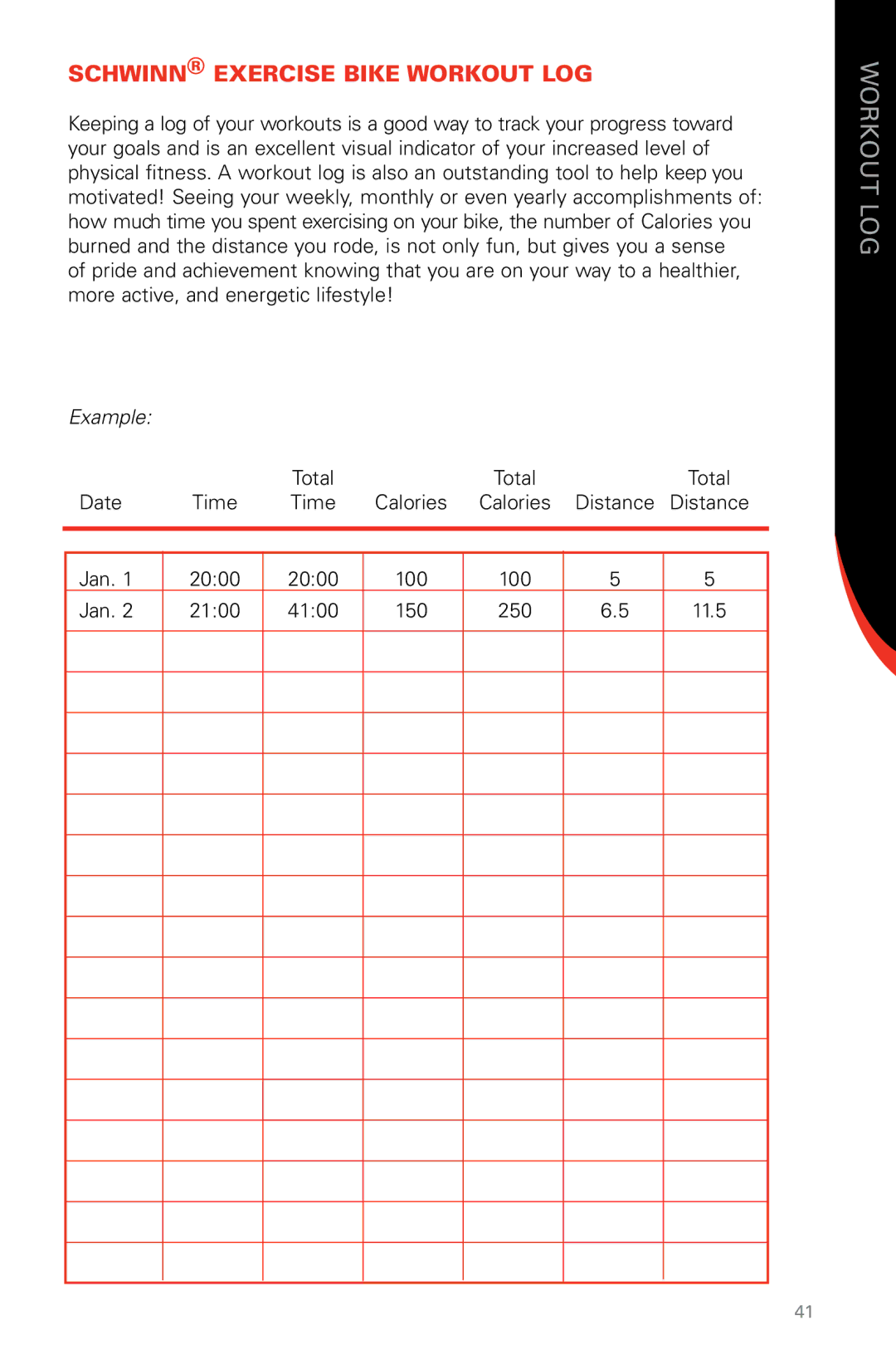 Schwinn SB13, SR23 manual Workout LOG, Schwinn Exercise Bike Workout Log 