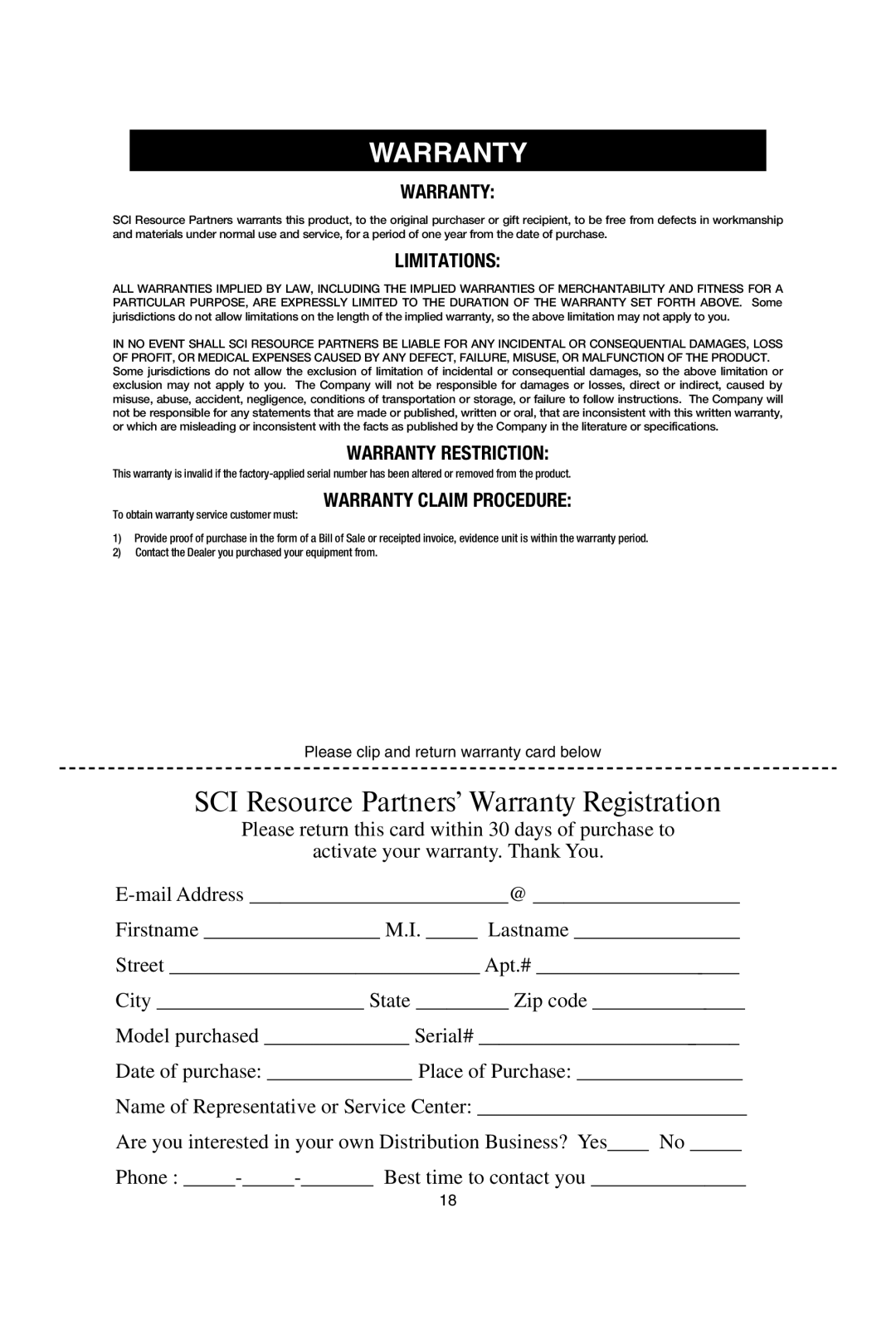 SCI Scandicrafts A2840/R manual Warranty 