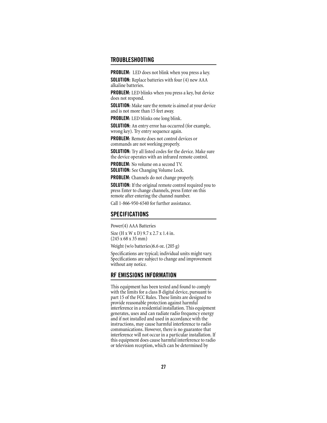 Scientific Atlanta 15-100 manual Troubleshooting, Specifications, RF Emissions Information 