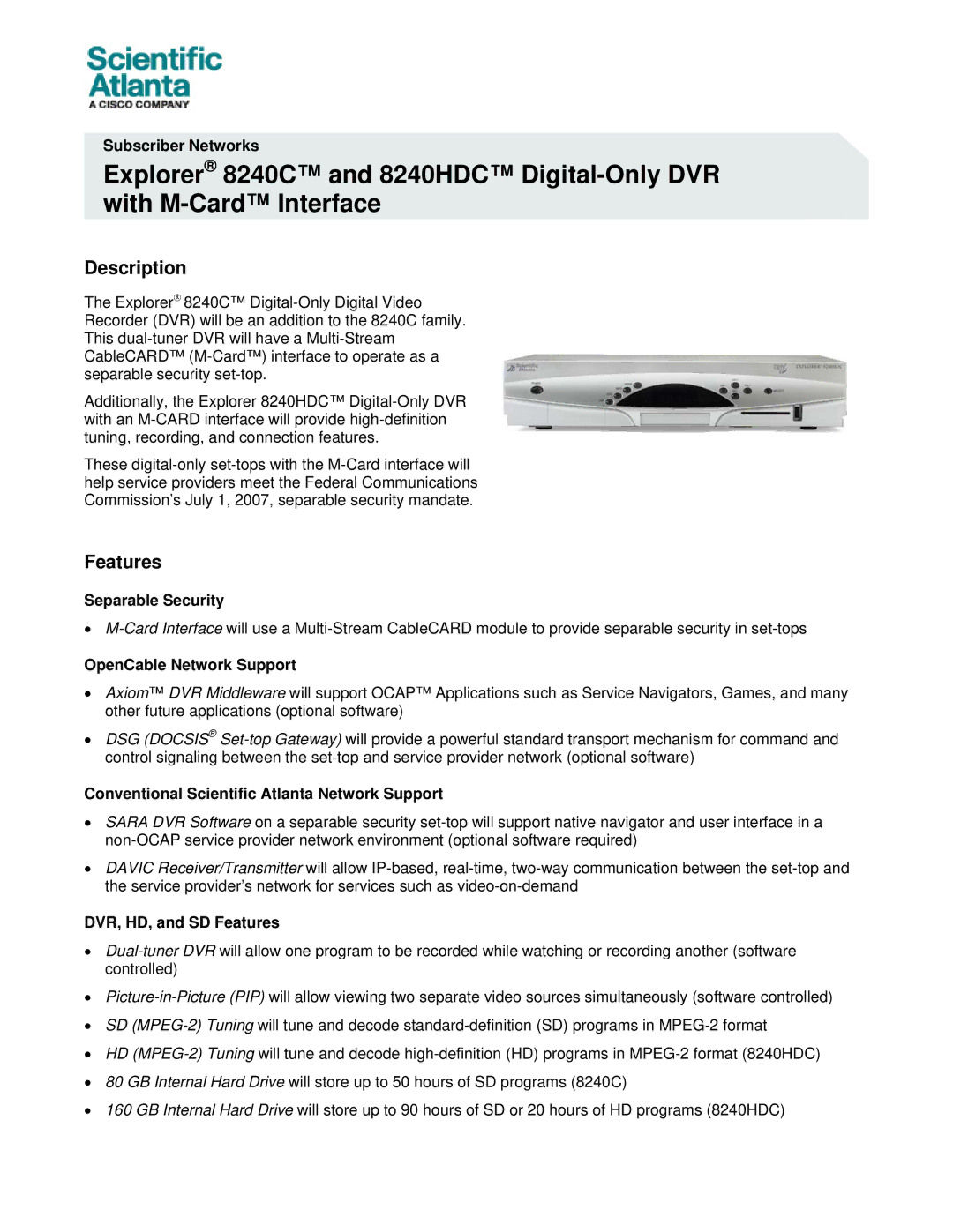 Scientific Atlanta 8240C, 8240HDC manual Description, Features 