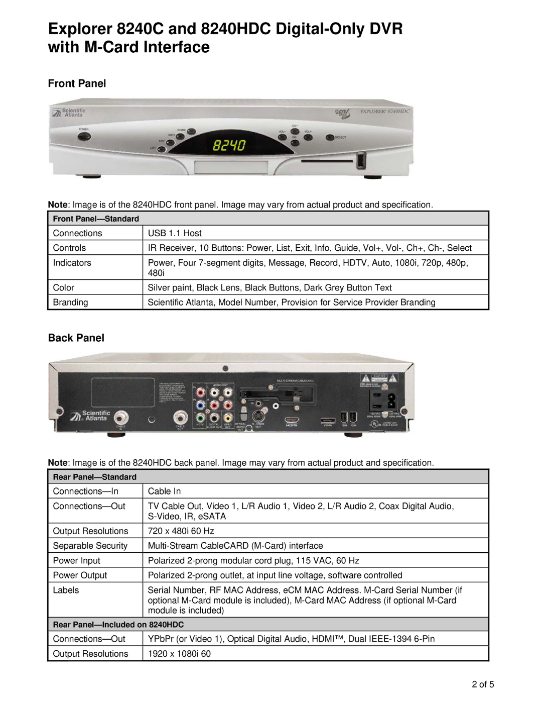 Scientific Atlanta 8240HDC, 8240C manual Front Panel, Back Panel 