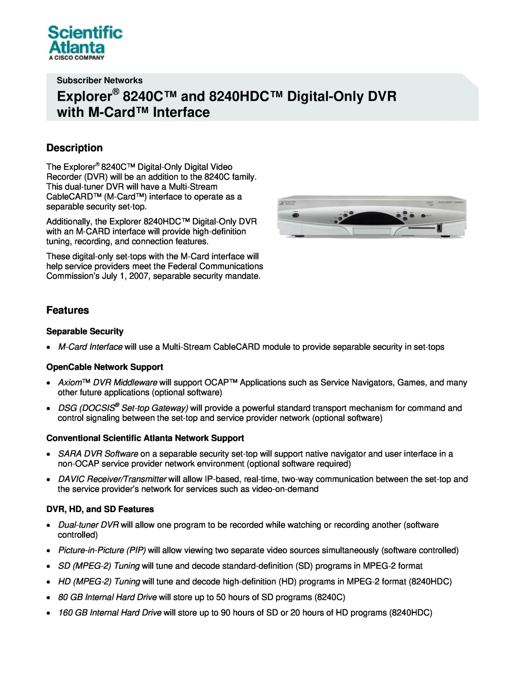 Scientific Atlanta manual Description, Features, Explorer 8240C and 8240HDC Digital-Only DVR with M-Card Interface 