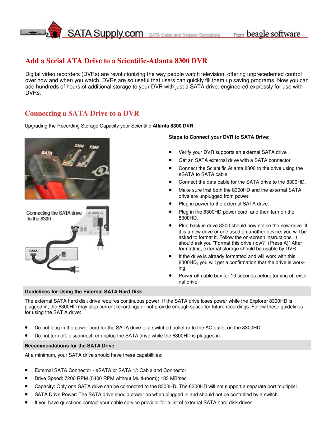 Scientific Atlanta manual Add a Serial ATA Drive to a Scientific-Atlanta 8300 DVR, Recommendations for the Sata Drive 