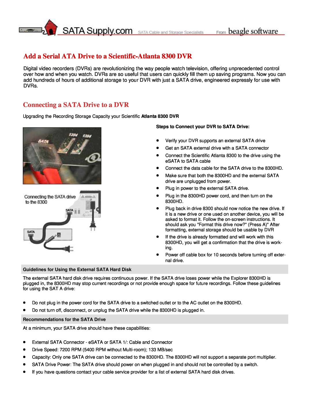 Scientific Atlanta manual Add a Serial ATA Drive to a Scientific-Atlanta 8300 DVR, Recommendations for the SATA Drive 