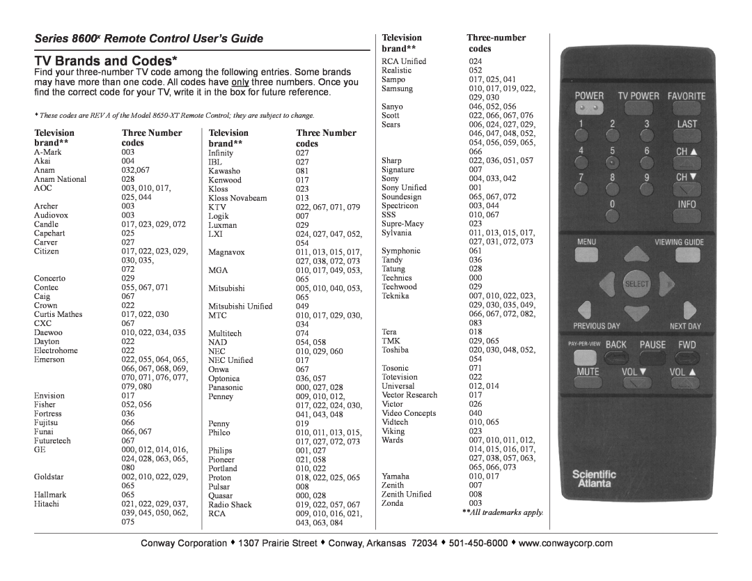 Scientific Atlanta 8600X manual TV Brands and Codes, Series 8600x Remote Control User’s Guide, Television, Three-number 