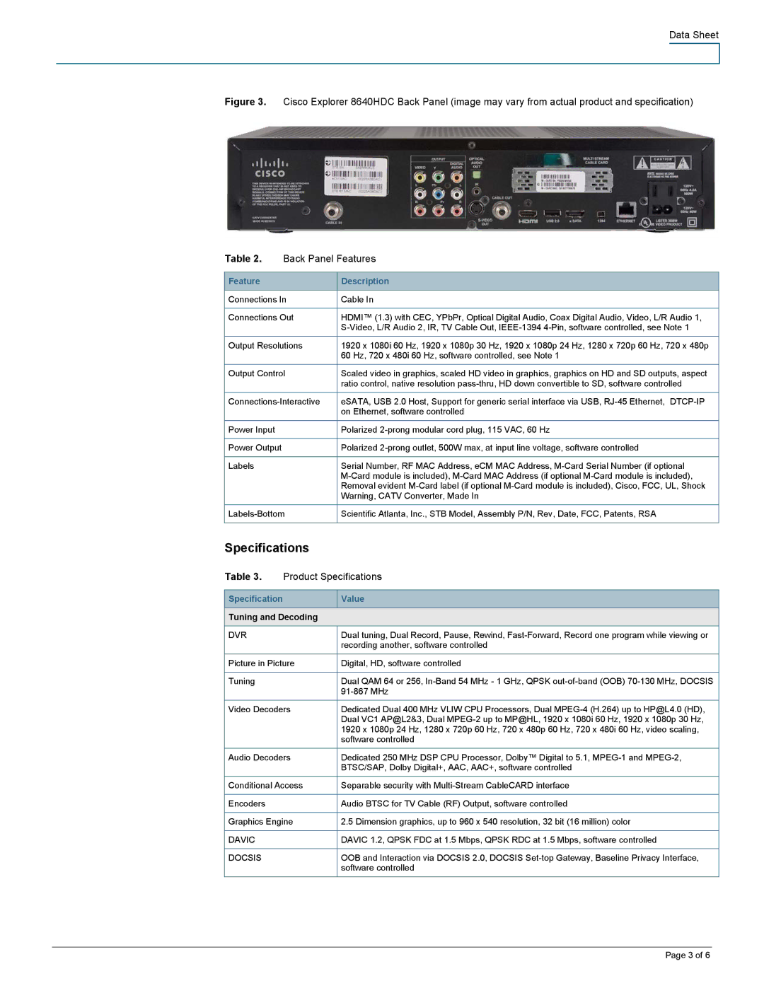 Scientific Atlanta 8640HDC manual Product Specifications, Specification Value, Tuning and Decoding 