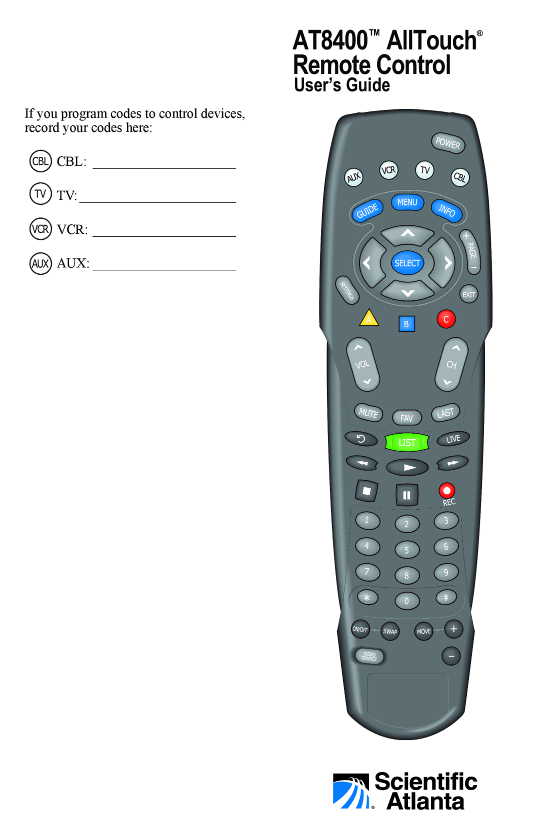 Scientific Atlanta manual AT8400 AllTouch Remote Control 